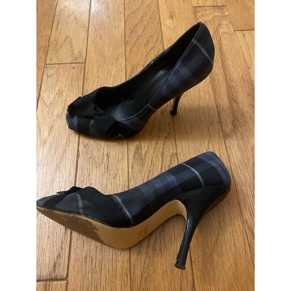 Joey women's dark navy blue plaid peep toe front bow 4" high heels size 7.5M - Picture 5 of 9